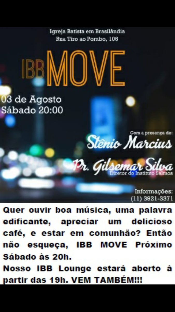InstitutoSalmos's tweet photo. Hoje nosso diretor, estará na IBB Move, a partir das 20hs. Se você não sabe onde ir? Não ter o que fazer hoje a noite? Vem com o Instituto Salmos. https://t.co/qxKIA9Ov4x