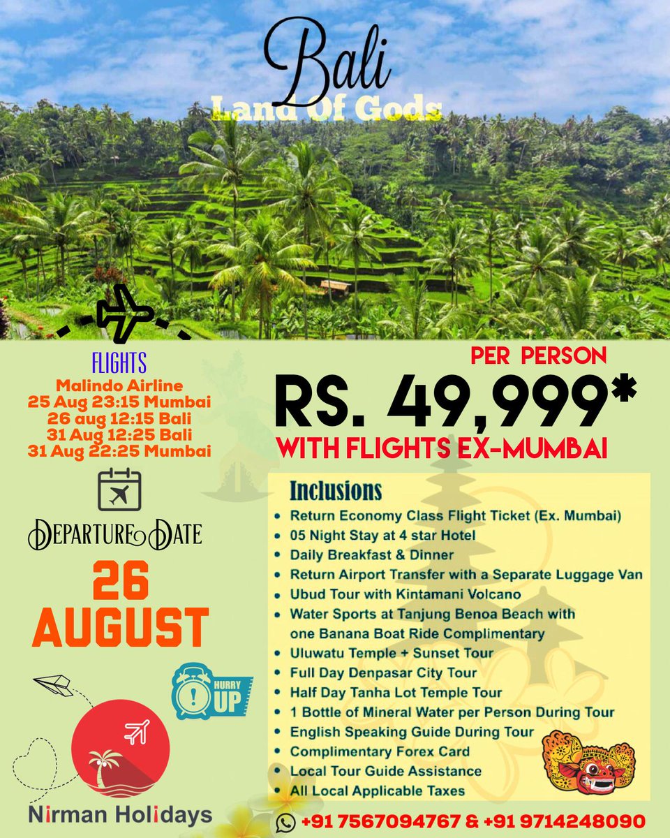 nirmanholidays's tweet photo. Amazing Bali at Rs. 49,999* PP Only with Flights 🌴🏖🌋🏡
🧳 26 August 🛫
Hurry Up! Limited Seats✨
#bali #amazingbali #ubud #kintamani #volcano #benoa
#beach #dance #ulundanu #tanahlot #greenary #islands
#landofgods #indonesia #incredibleindia https://t.co/gV0oT0ZIb4