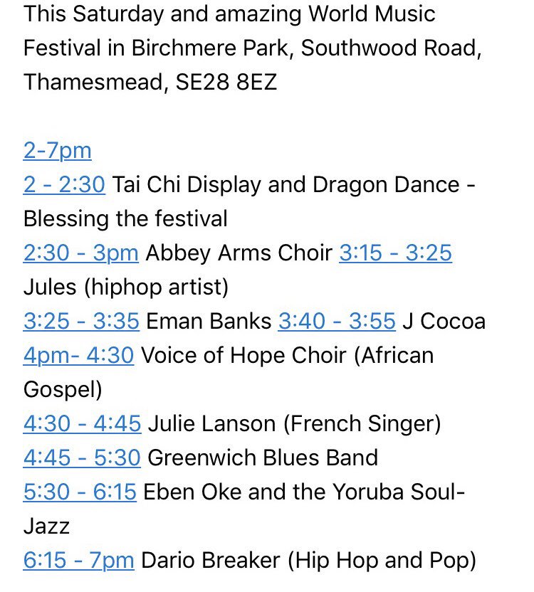 ThamesmeadLDN's tweet photo. Here’s an outline of who is playing at today’s World Music Festival. #TMFest https://t.co/3tUHt8AoVO