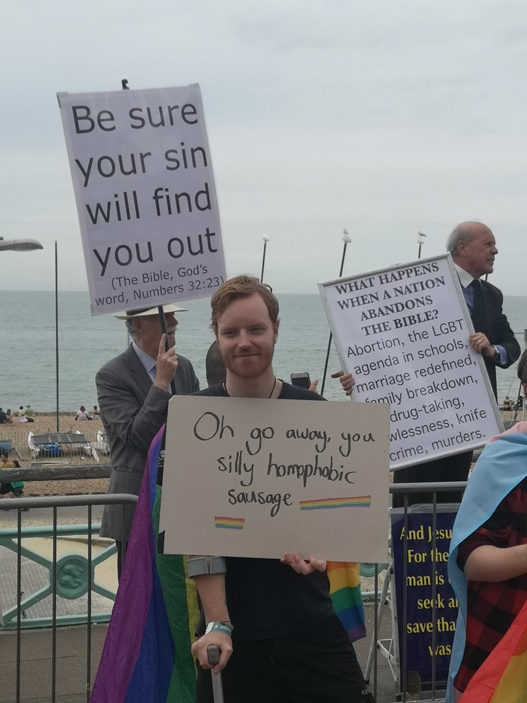 IsabelBKnight's tweet image. 'oh go away you silly homophobic sausage' Winner of placard of the day. #BrightonPride2019 #LoveConquersHate @brightonargus think you need this in the paper.