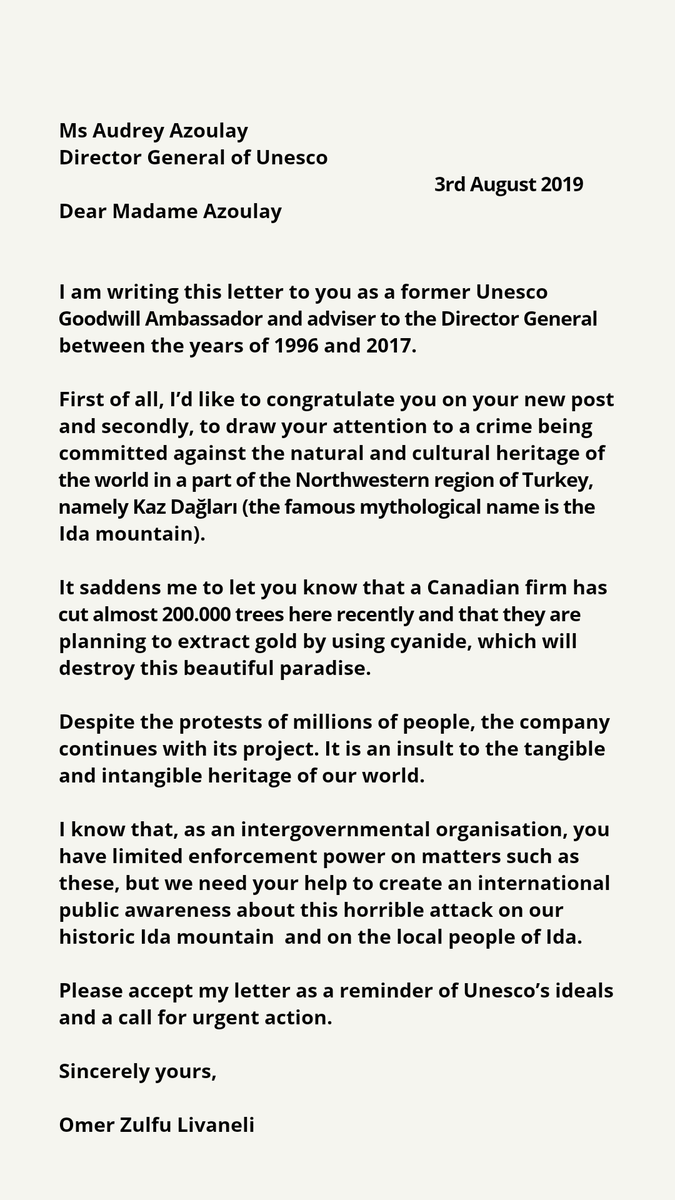 An open letter for Kaz Mountains (Ida Mountains) to Unesco by Ömer Zülfü Livaneli  <a href="/UNESCO/">UNESCO 🏛️ #Education #Sciences #Culture 🇺🇳</a> <a href="/AAzoulay/">Audrey Azoulay</a> #KazdağlarıHepimizin #KazdaglarinaDokunma #kazdağları <a href="/BirGun_Gazetesi/">BirGün Gazetesi</a> <a href="/bianet_org/">bianet</a> <a href="/t24comtr/">T24</a> <a href="/sputnik_TR/">Sputnik Türkiye</a> <a href="/CNN/">CNN</a> <a href="/anadoluajansi/">Anadolu Ajansı</a> <a href="/DikenComTr/">Diken</a> <a href="/odatv/">Odatv</a>