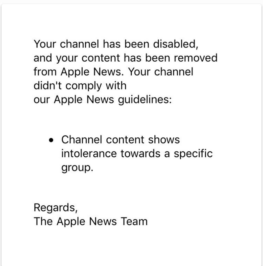 Apple sent this to Lifesite News, a leading pro life organization, after cancelling their channel 🤔