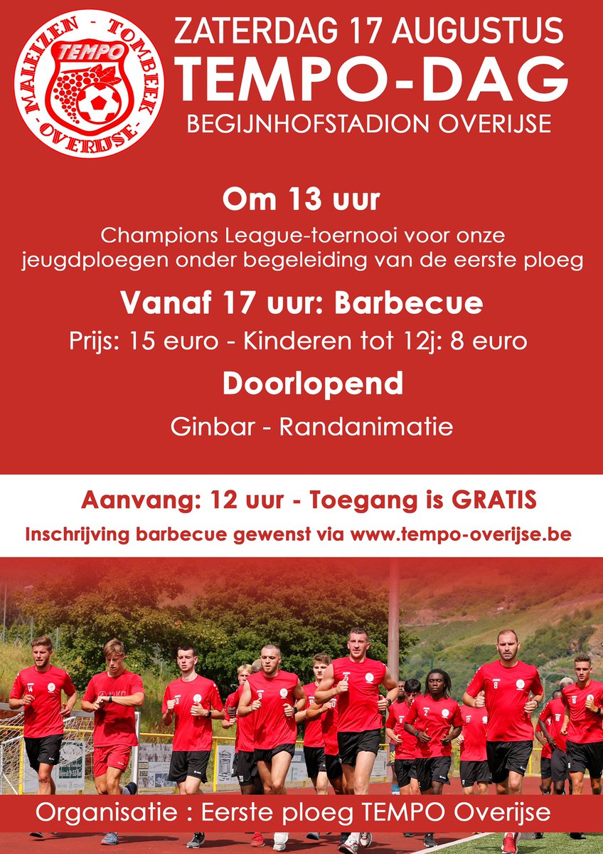 tempooverijse's tweet photo. Niet wachten , schrijf jullie vandaag nog in voor de Tempo-dag en BBQ van onze eerste ploeg ! https://t.co/1AJ4T34ixr