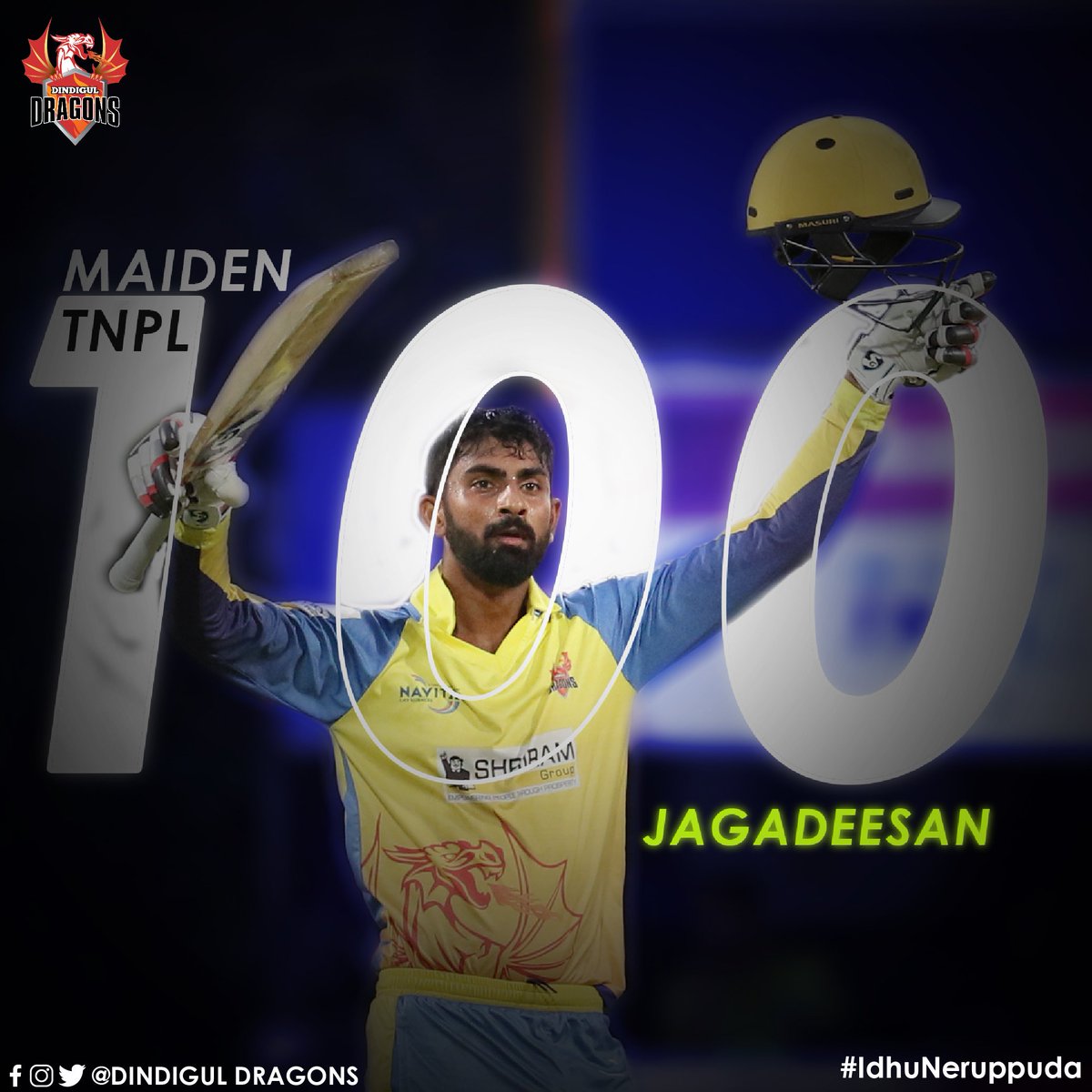 DindigulDragons's tweet photo. Maiden TNPL 100,
First player from DD to score a century and
Second of this year's TNPL! 👏
Congratulations Jaggi and wishing many more to come! 🌟
#IdhuNeruppuda #TNPL2019 #RTWvDD https://t.co/TxQhD41zVu