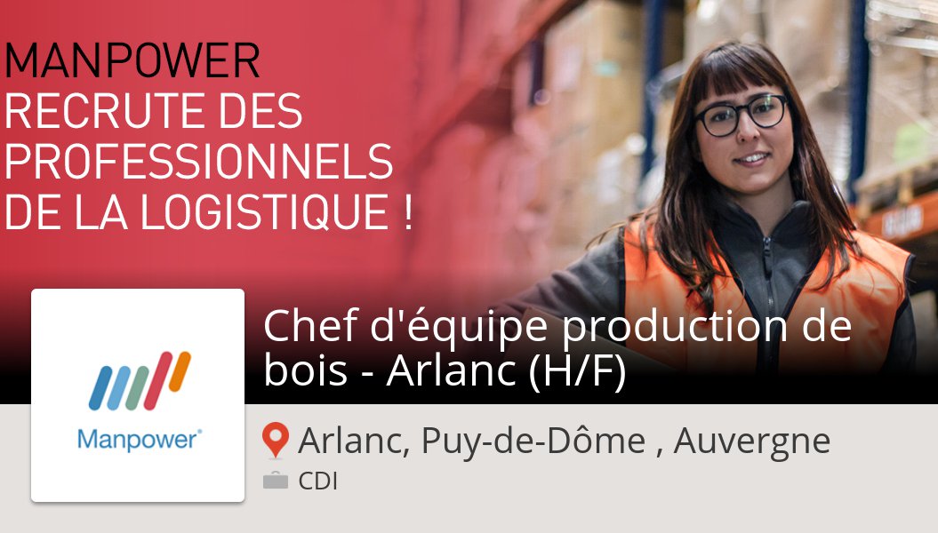 Fafournoux_C's tweet photo. Besoin d'un #Chef d'équipe #production de bois - Arlanc (H/F) #ArlancPuydeDômeAuvergne, postulez dès maintenant chez #ManpowerFrance! #job https://t.co/ekXqlJv4E5 https://t.co/6x989ehk4D