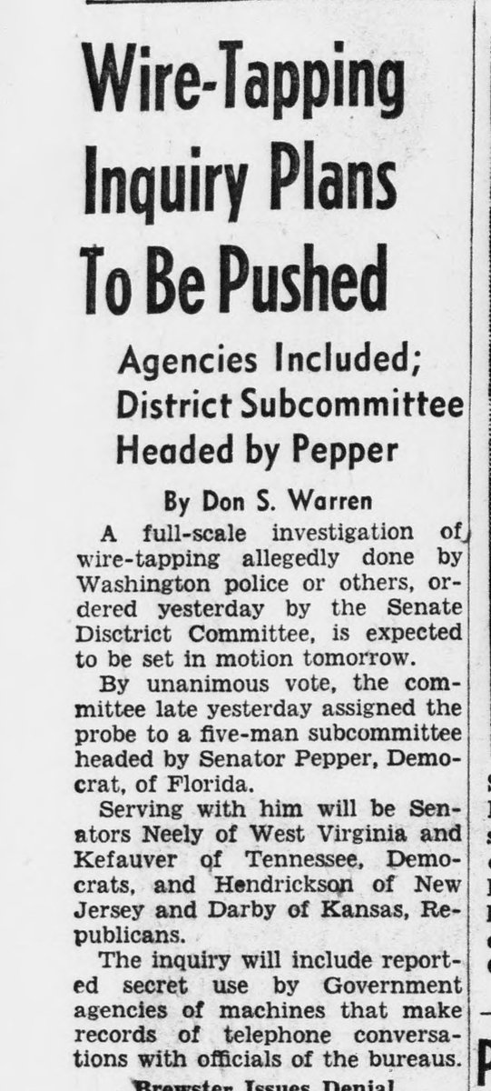 On this Day August 3rd, 1950 in "The Evening Star" of Washington D.C. we find several Topics of Possible Interest.
1a. The Subject of Wire Tapping (oddly relegated to page 34)