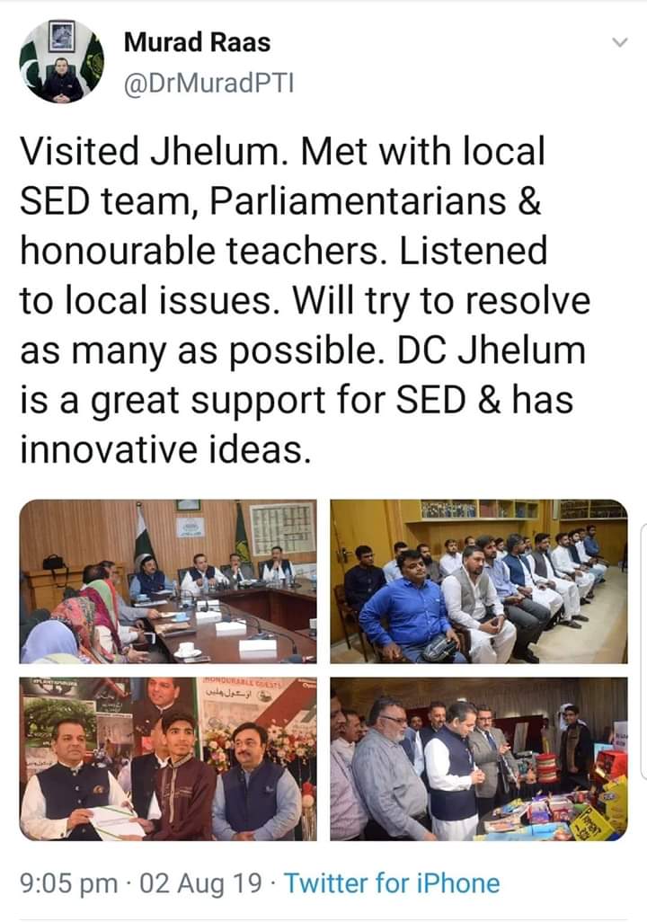 DCJhelum (@jhelumdc) on Twitter photo <a href="/JhelumDc/">DCJhelum</a>
Education Department Jhelum will make earnest efforts to come up to the expectations of Govt of the Punjab.
<a href="/DrMuradPTI/">Dr. Murad PTI</a>
<a href="/fawadchaudhry/">Ch Fawad Hussain</a> <a href="/JhelumDc/">DCJhelum</a>
Education Department Jhelum will make earnest efforts to come up to the expectations of Govt of the Punjab.
<a href="/DrMuradPTI/">Dr. Murad PTI</a>
<a href="/fawadchaudhry/">Ch Fawad Hussain</a>