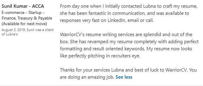 warrior_cv's tweet photo. Thank you to #ACCA Professional from #Dubai who gave us valuable #feedback on #WarriorCV services and #recommendation on #LinkedIn.
#Resume #CVforJob #ResumeTips #Finance #Accounting #jobseekers #Dubaijobs #uaejobs #jobsearch https://t.co/Uk8WQZ0MJo