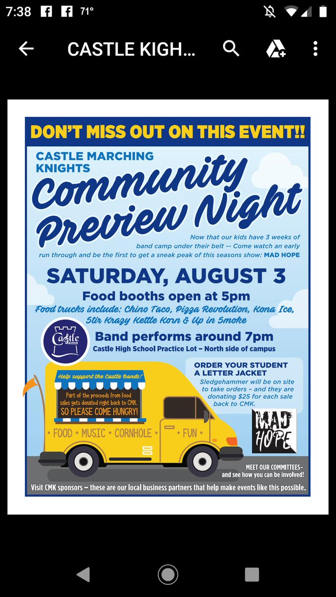 darma74's tweet photo. @CastleHSKnights come out tonight and support the band program! Food trucks at 5! Performance around 7! https://t.co/MQdYnYjaVO