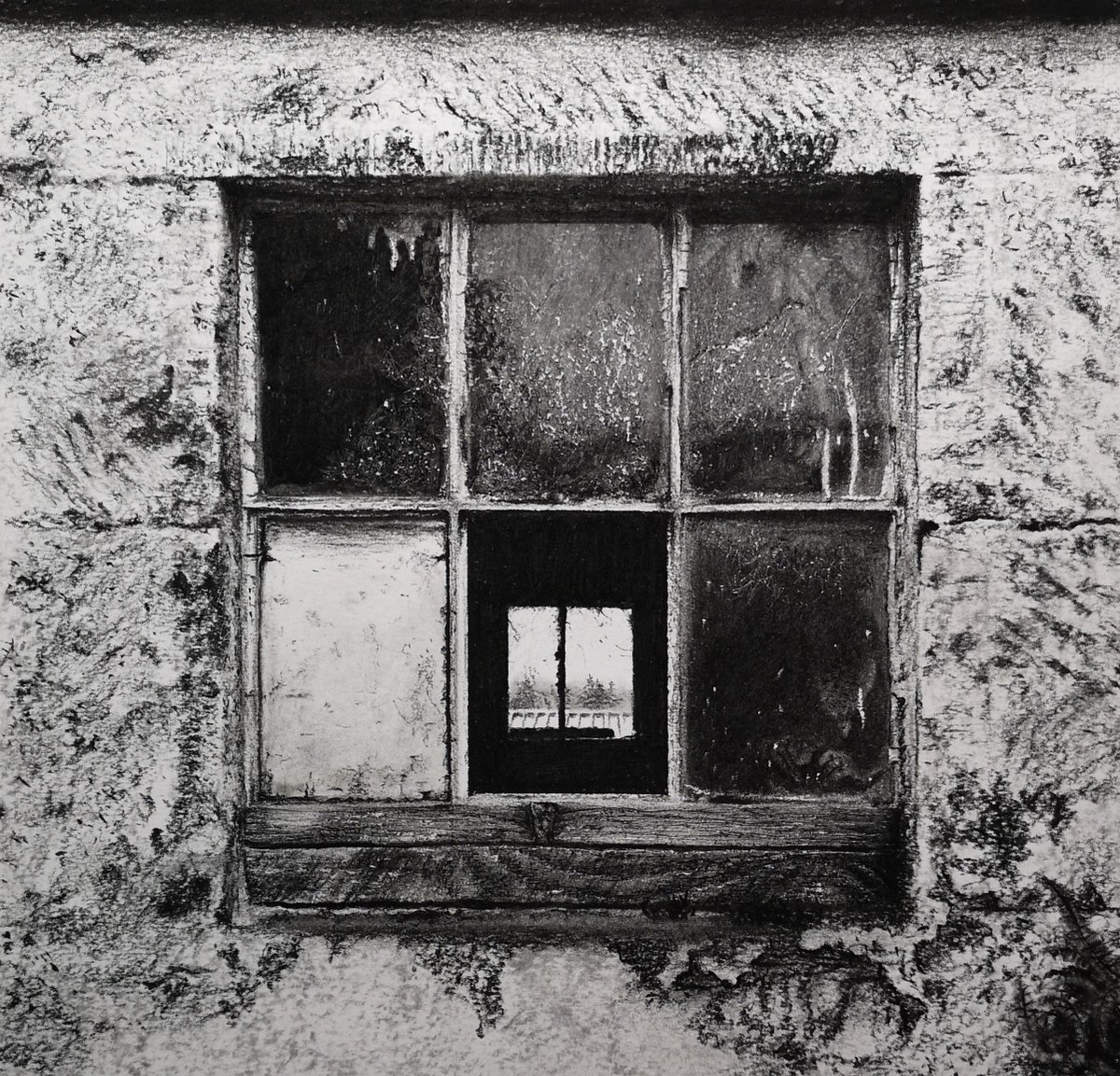 GreatNorthArtSh's tweet photo. “I predominantly work in charcoal producing detailed monochrome studies as I aim to convey the texture of peeling paint, cracked plaster and crumbling brickwork, of the light and shadow in abandoned places.” #GNAS19 artist Jonathon Stockley #charcoal #monochrome #drawing https://t.co/64pkirNcXv
