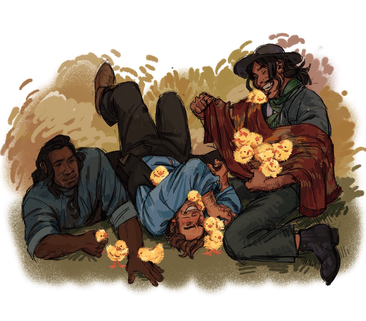 commission for <a href="/Autolikescake/">Manolo 🍉💚</a> of three hndsom men and a bunch of baby chickens
