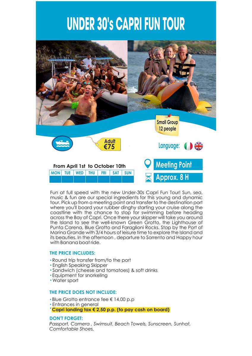 EnchantingSorr's tweet photo. 👙☀️ A day full of #fun with our #Under30's #CapriFunTour.... and visit Capri in a different way 👙☀️ #bananaboat #drinks #fun #sea #holidays
Info &amp; reservation: 
Enchanting via Palma 24B in Massa Lubrense
🌐 https://t.co/D2jObht4Dw
📧 info@enchantingsorrento.com ☎️+393334210054 https://t.co/xqyXpELf4p