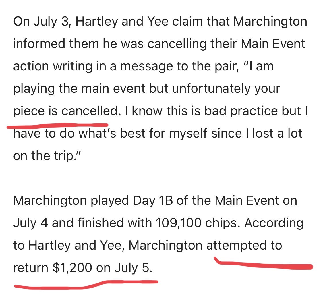 PhilGalfond's tweet image. From the info available this seems very unethical by the backers. Cancelling the action to sell higher is uncool, but Nick clearly stated the action was off before the tourney began. 

Had he busted day 1, backers weren’t going to refuse taking their money back. Freerolling = 👎🏻