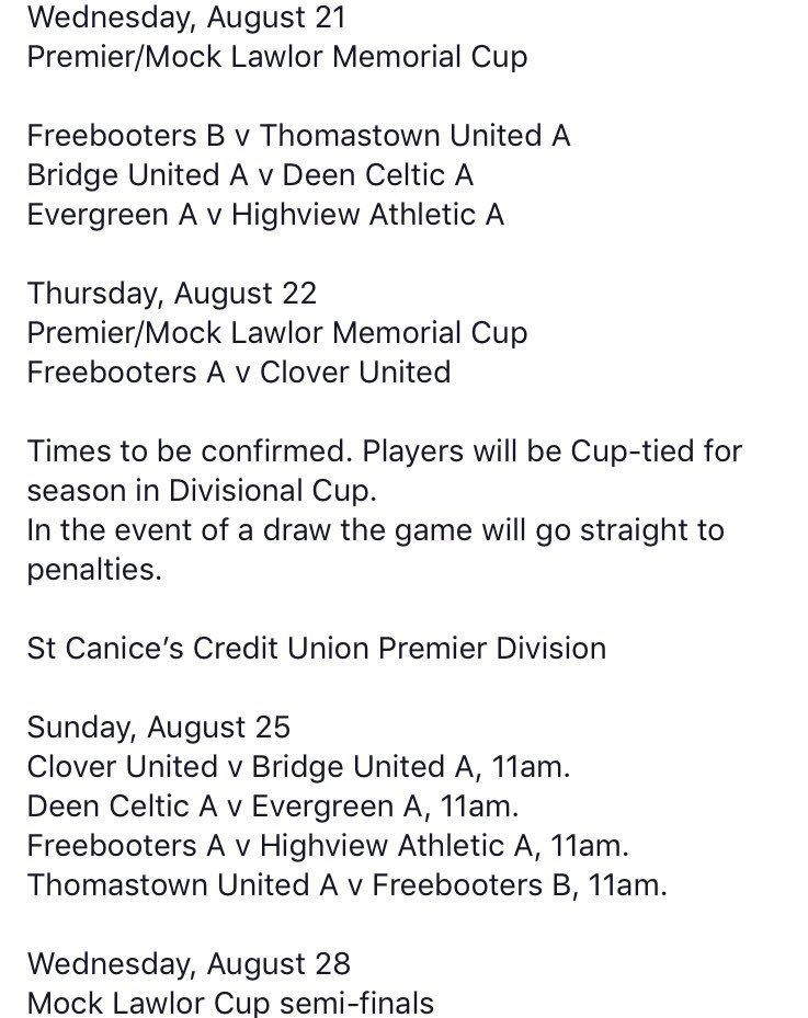Upcoming Junior Games

Wednesday, August 21
Premier/Mock Lawlor Memorial Cup

Freebooters B v Thomastown United A
Bridge United A v Deen Celtic A
Evergreen A v Highview Athletic A

Times to be confirmed. Players will be Cup-tied for season in Divisional Cup. 
🔴⚫️🔴⚫️🔴⚫️