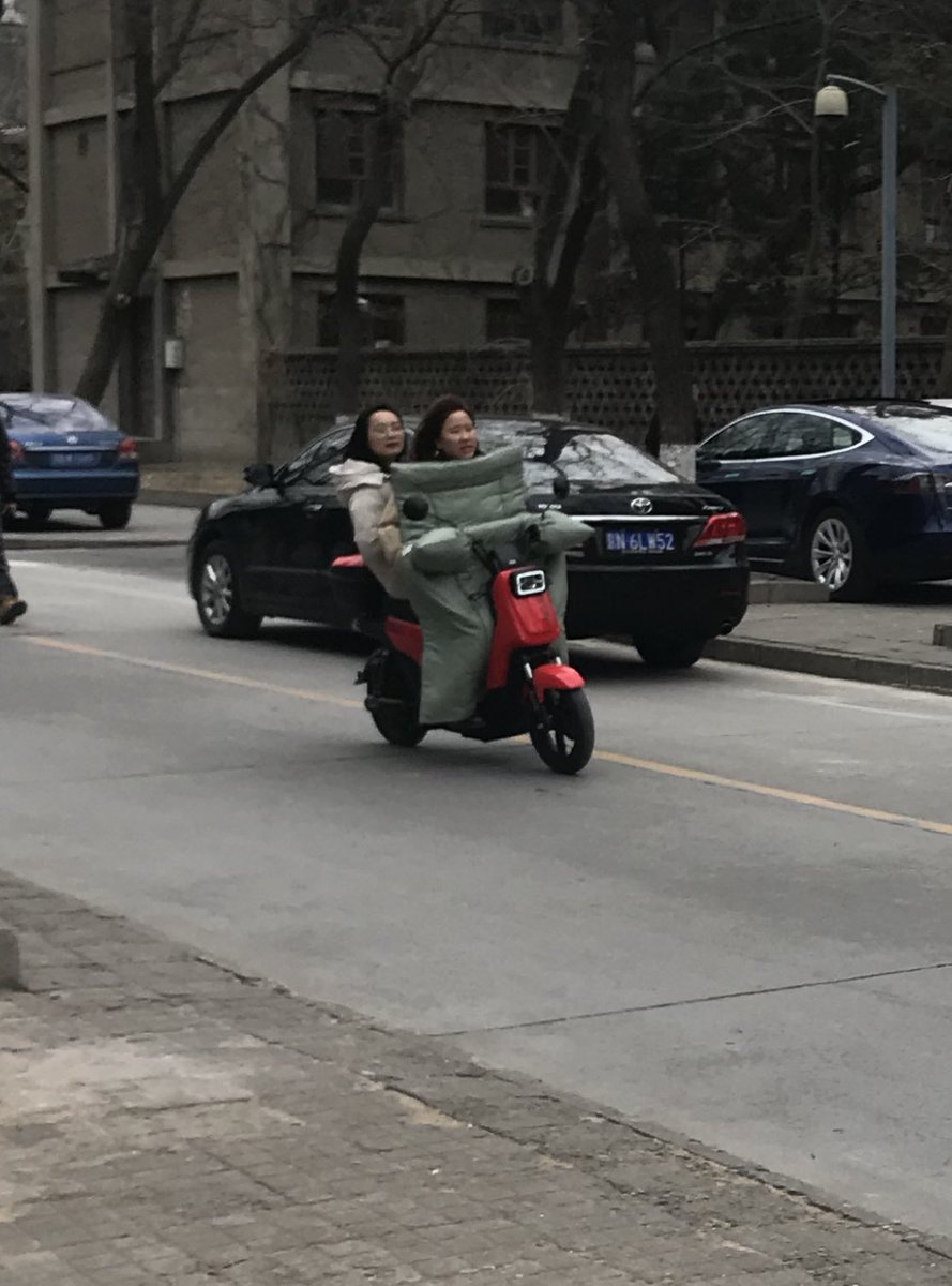 (2) Most people don’t drive cars bc it’s extremely expensive and also inconvenient to have in a big city so instead they drive ebikes or just ride normal bikes! In the winter they even have bike jackets that cover their body when riding