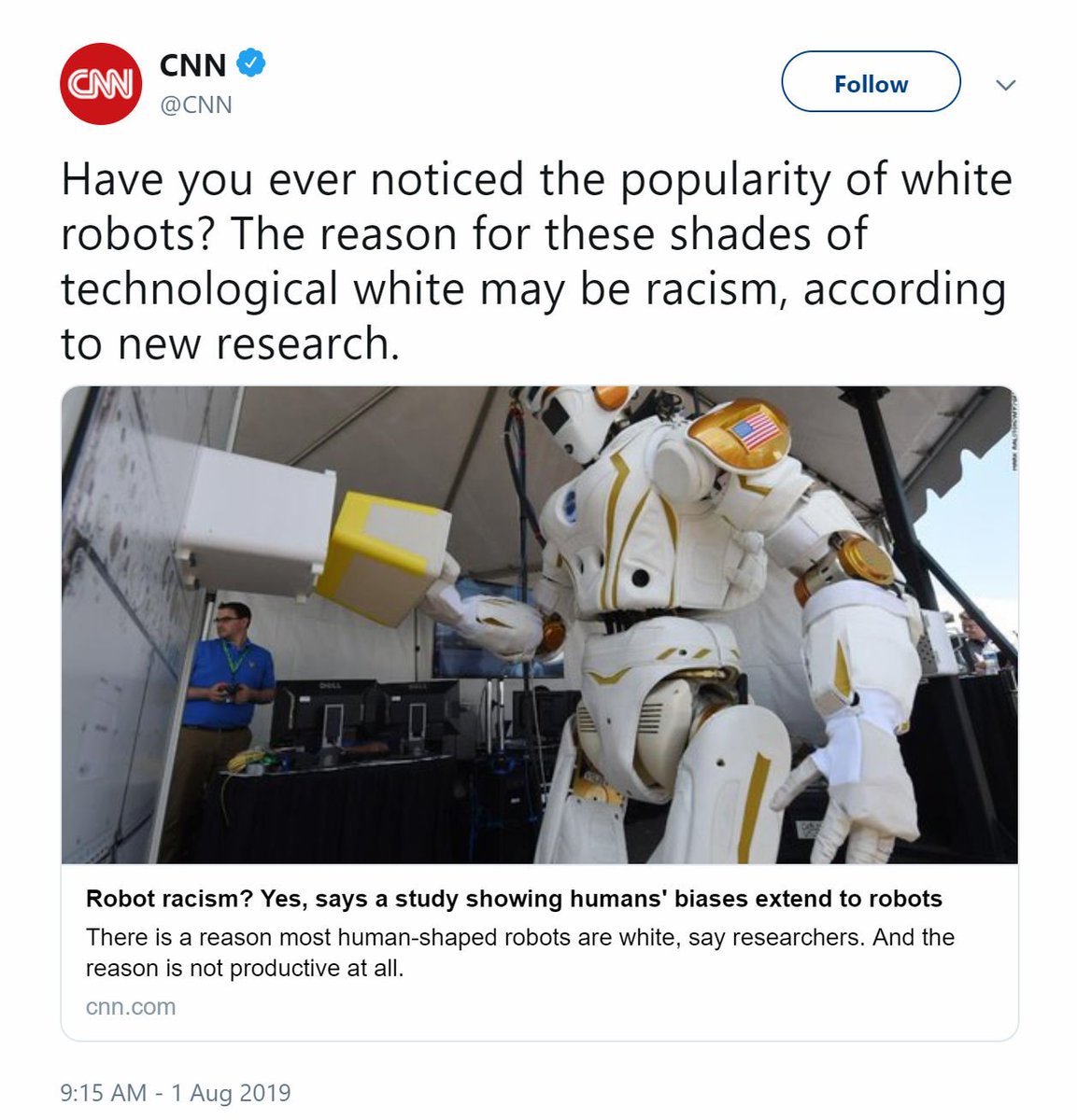 BirdOPrey5's tweet image. So #CNN tweets about #RacistRobots and they are serious. Racist robots b/c robots are mostly white... Says the station with white letters in its logo and a white background on its website and white paper in its printers and white toilets in its bathrooms. Is CNN Racist too? #Fail