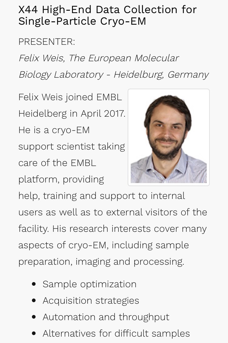 For the folks attending M&amp;M 2019 in Portland the next days, please check out my fantastic colleague Felix Weis’ talk on Monday at 2PM, B110, on how we run our cryo-EM platform <a href="/embl/">EMBL</a> 

Please RT!

#MM2019Portland