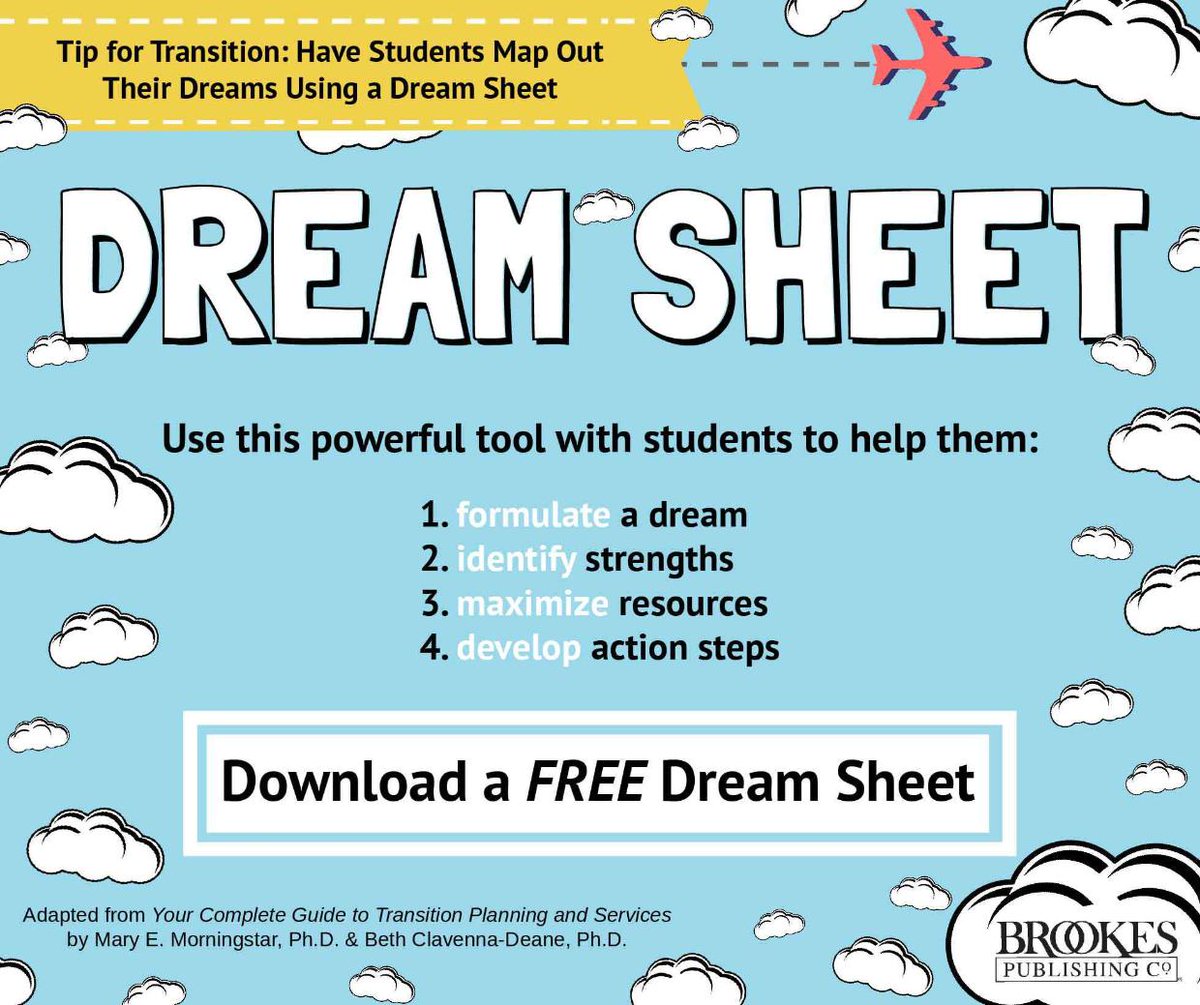 BrookesPubCo's tweet photo. Download a free Dream Sheet to help students identify their goals, strengths, and needs: https://t.co/txFSW5Hxo4 #inclusion #edchat #iechat https://t.co/hbBdWhDtEF