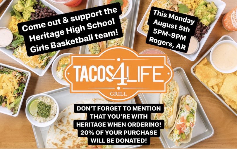 WarEaglesGBB's tweet photo. Bring a friend and come out and have dinner with us from 5pm-9pm this Monday evening!! Please mention Heritage girls b-ball when you order! 🌮🏀 #WarEagle #WElovetacos @RPS_Athletics @RogersHeritage https://t.co/C9RhWj5Reg