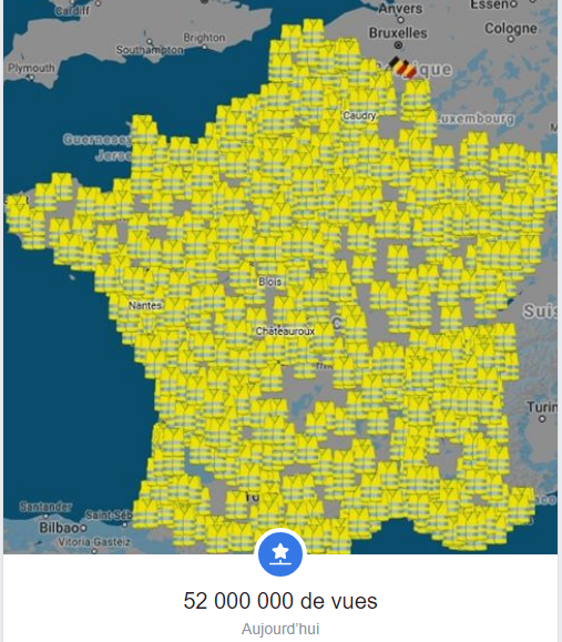 Notre carte interactive à été vue plus de 52 000 000 de fois grâce à vous ! Merci à tous et bravo pour votre mobilisation. 17 Novembre 2019 : Nous commençons à repertorier les rassemblements gilets-jaunes.com #GiletsJaunes #17novembre