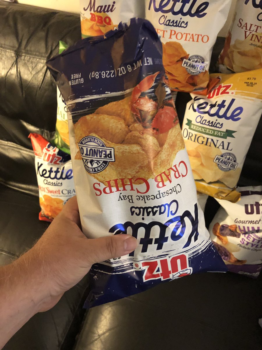 PokeyTheBrave's tweet photo. @UtzSnacks @SteelerRonn @Middlefairy The chips came in today and probably won’t last long! I’ve already started on the Crab Chips! Thank you @UtzSnacks! (And yes, the bag is upside down! That’s where the best chips are!) https://t.co/CyFjvYMtGh