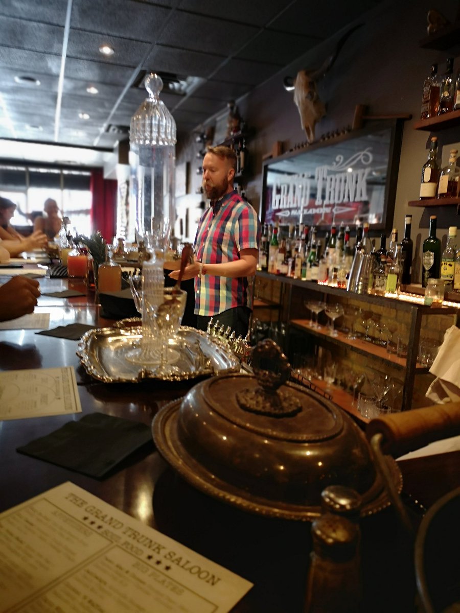 Dan <a href="/KWGrandTrunk/">Grand Trunk Saloon</a> describes coffee and cigarettes cocktail. His expertise is amazing. Like the drink! <a href="/DTKitchener/">Downtown Kitchener</a> #dtkfoodtour