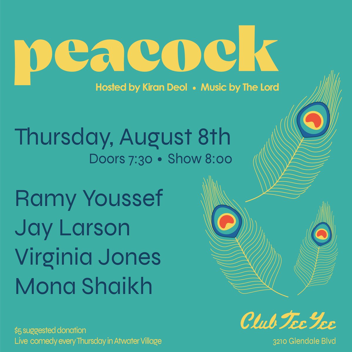 Peacock is comin’ in hot...again! 🤯
See you Thursday w/Ramy Youssef, Jay Larson, Virginia Jones, Mona Shaikh & Kiran Deol.
facebook.com/events/8038262…
#livecomedy #standupcomedy #comedians #jokes #atwatervillage #ramy #ramyyoussef #jaylarson #virginiajones #monashaikh #kirandeol