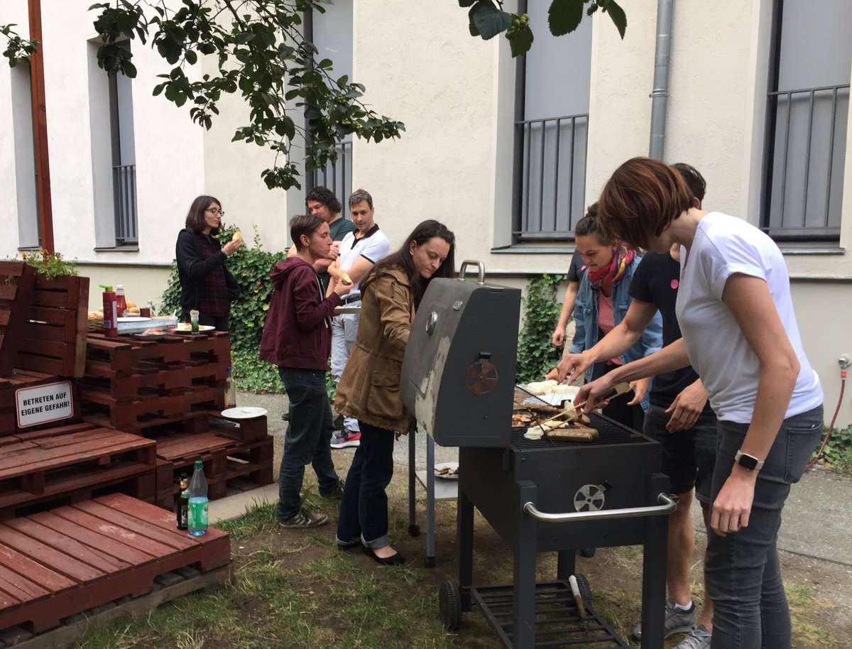 coding_leipzig's tweet photo. Sausages, grilled cheese and fried eggplants + a shot of beer on top and a slight drizzle of refreshing rain. #summerhackLE enjoys their BBQ. In the meanwhile: #python issues, #docker on #windows and possibly a „can’t be evil“ login based on @blockstack . We’re having fun here :D https://t.co/IQFKN0i8B5