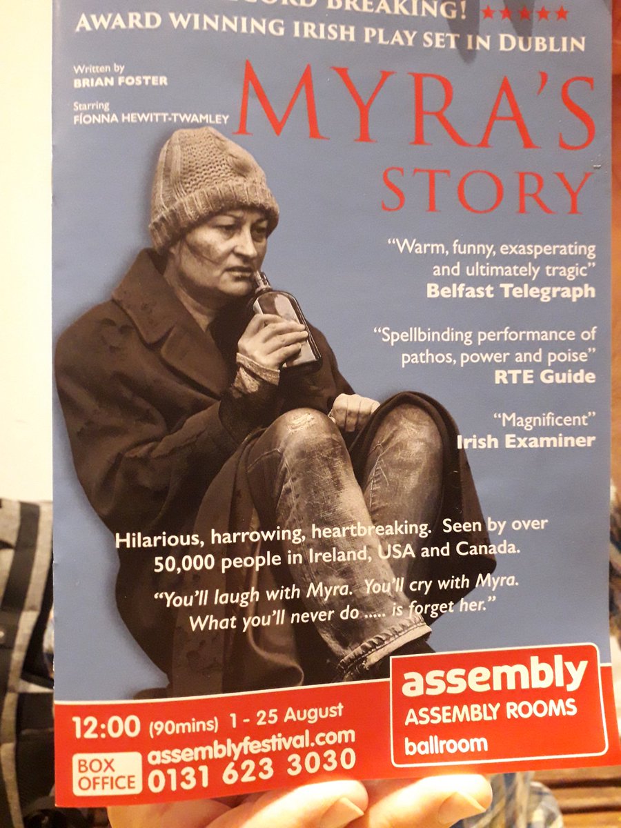If you're heading to #EdFringe19 do go to see Myra's Story <a href="/AssemblyFest/">Assembly Festival</a> Cracking script from Brian Foster, superbly performed by <a href="/FionnaHTwamley/">Fionna Hewitt Twamley</a> in a moving, funny and painfully raw portrayal of homelessness.
