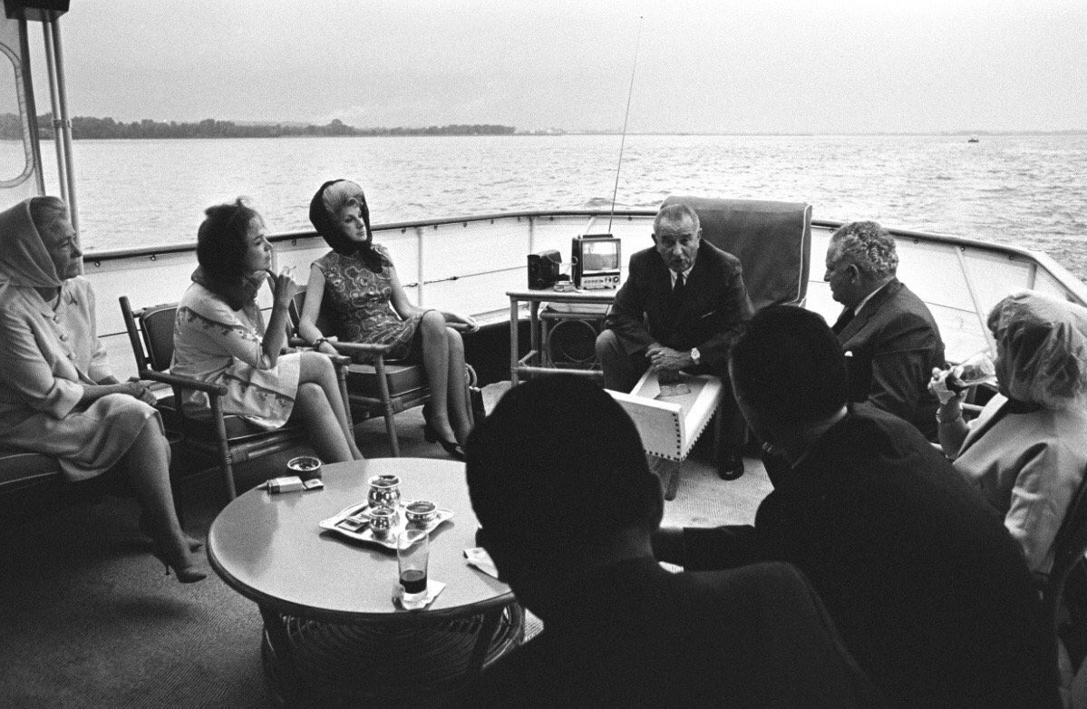 BeschlossDC's tweet photo. LBJ relaxes next to Sony TV aboard Presidential yacht Sequoia on the Potomac, this month 1967:     #LBJL https://t.co/Pm4g1UuQ1N