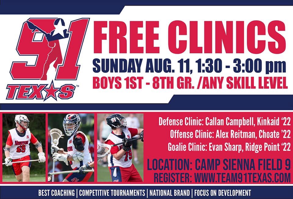 NEXT WEEK -T91TX FREE Attack, Defense &amp; Goalie Clinics - Boys 1st to 8th Grade

Sun. Aug 11. 1:30 - 3:00pm
Camp Sienna Fields

Cost:  FREE!!

Instructors:  Alex Reitman, Callan Campbell, Evan Sharp

Register:  assn.la/Reg/?r=2:192001