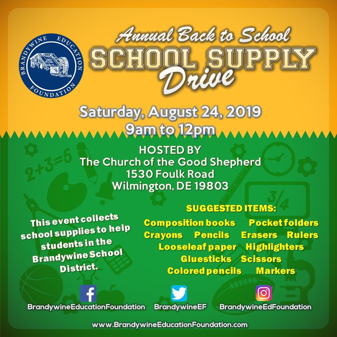 Our Annual Back to School Supply Drive will be Saturday, August 24, 2019 at Lutheran Church of the Good Shepherd! Come out and help us collect supplies for students in the Brandywine School District!