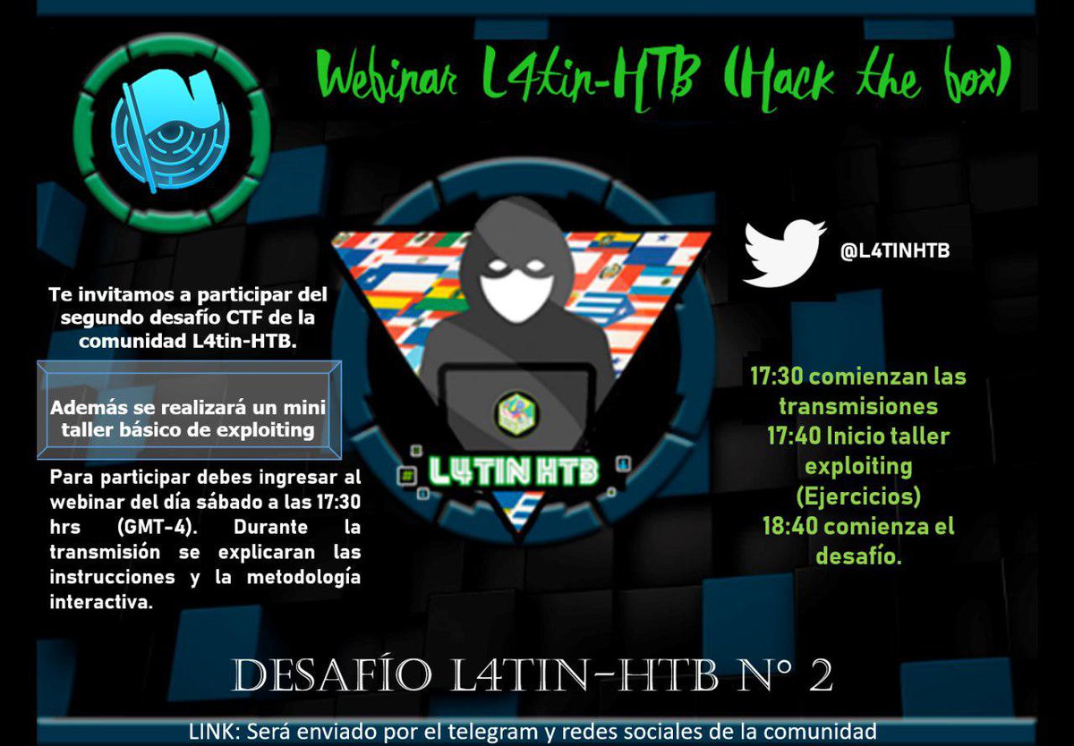 L4tinHTB's tweet photo. Hoy Sábado, a las 17:30 comienzan las transmisiones del 2do desafío de L4tin-HTB 2019
con nuestro admin favorito @dplastico.
Tendremos un taller de inicio para ir soltando las manos, y luego...
...véanlo ustedes mismos 😉
No se lo pierdan ✌
#L4tinHTB #HackTheBox #Webinar https://t.co/1SFUzqoiKN