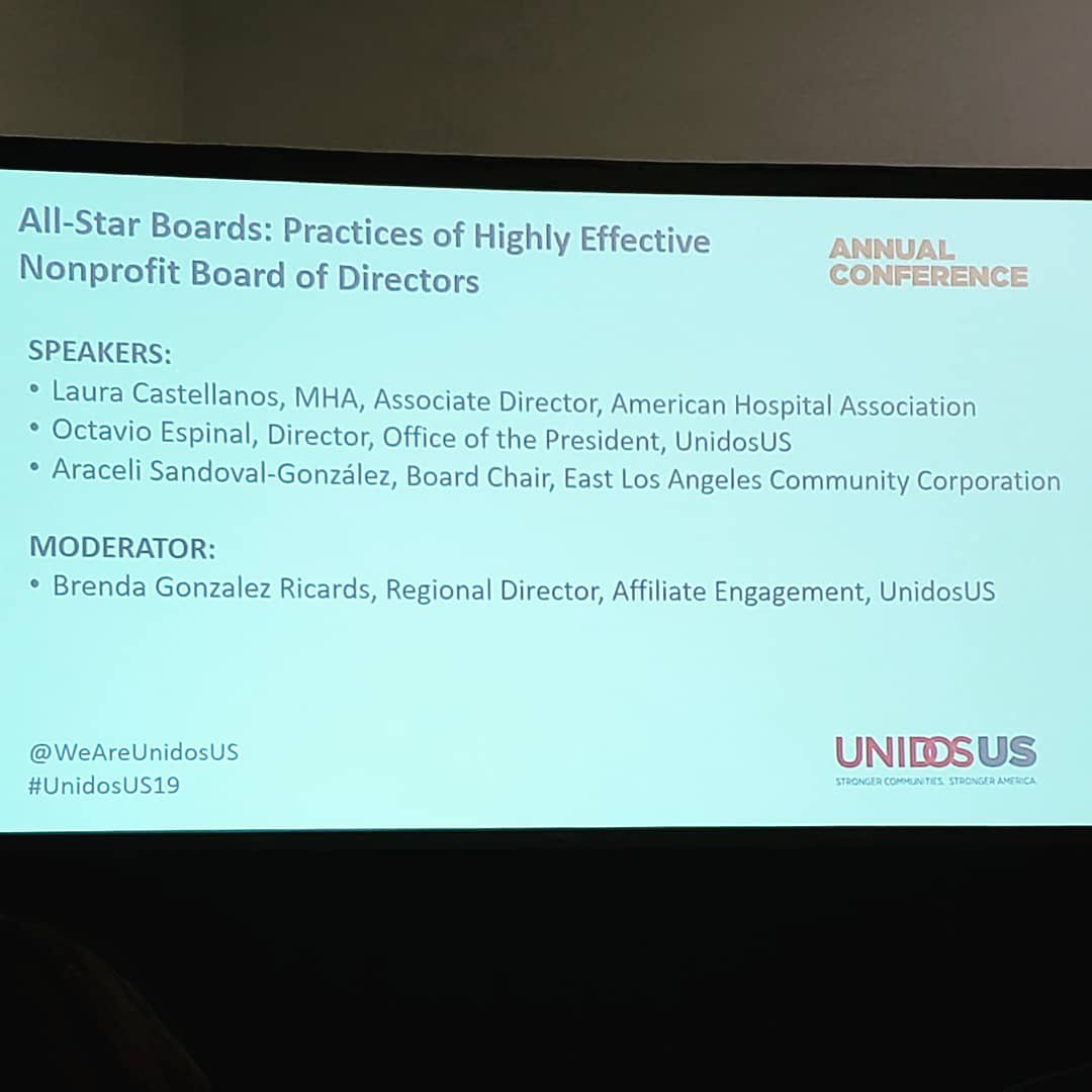 LatinaDTC's tweet photo. Great discussion on how to have an All-Star Board - Practices of Highly Effective Nonprofit Board of Directors! “We Must Stay Culturally Sensitive &amp; Competent” to be an effective board of directors! Laura Castellanos, MHA, Associate Director for the AHA. #UnidosUS19 https://t.co/1SDhFPDJGF
