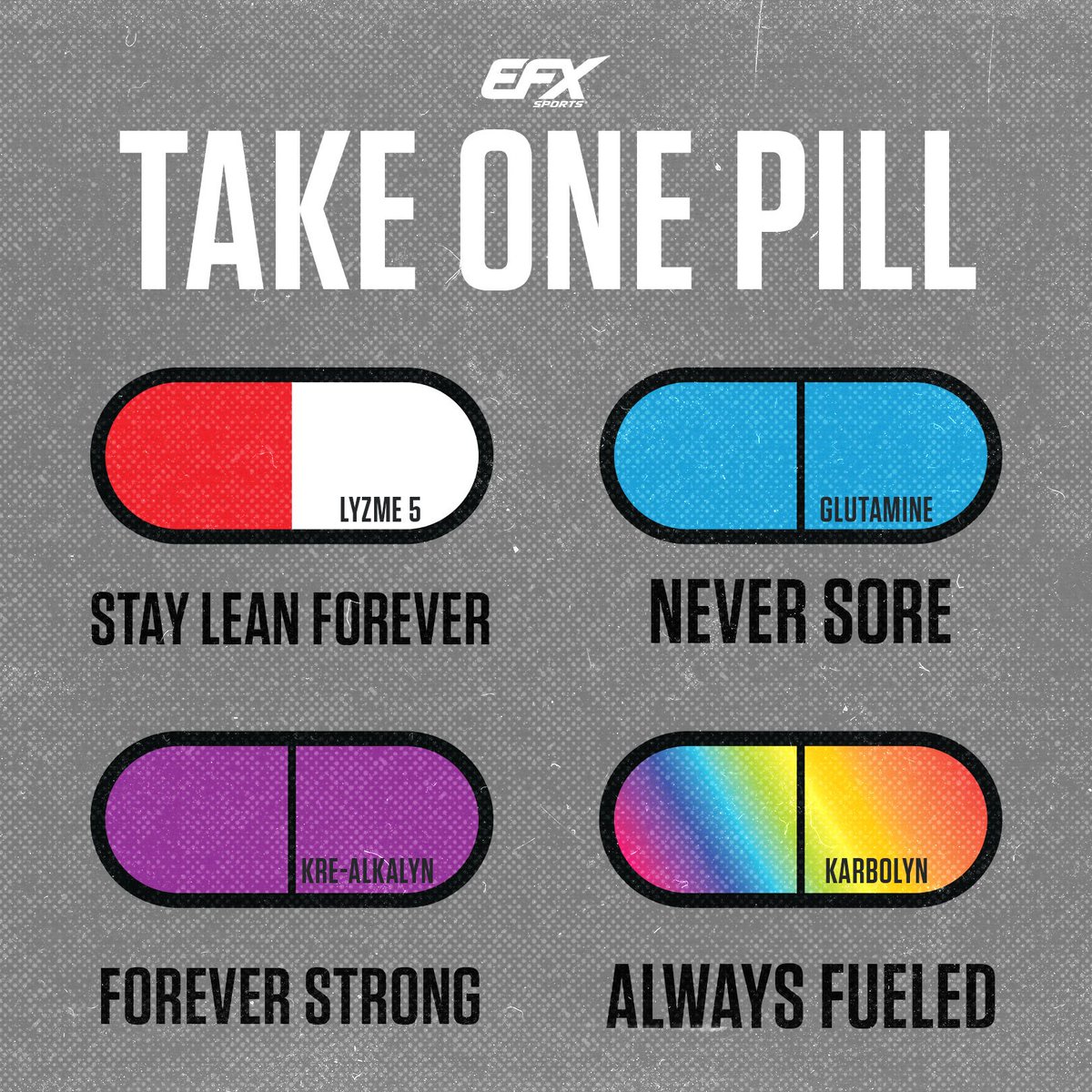EFXSports's tweet photo. Take one Pill. Change your workouts forever! 
What do you choose?
• Lean Forever
• Never Sore
• Forever Strong
• Always Fueled
Comment below!
.
#efxsports #karbolyn #krealkalyn #Lyzme5 #glutamine #supplements #fitness #Fuel https://t.co/KuHcJmdNtW