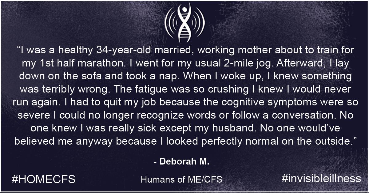 PlzSolveCFS's tweet photo. Humans of ME/CFS: Deborah M. To read her complete story, follow the link. https://t.co/FOpeT2VFzi #MEawareness #MyalgicE #SevereME #pwME #MEcfs #MyalgicEncephalomyelitis #MillionsMissing #CanYouSeeMEnow #EndMEcfs #spoonie #HOMECFS #invisibleillness https://t.co/IgkD0oYygA
