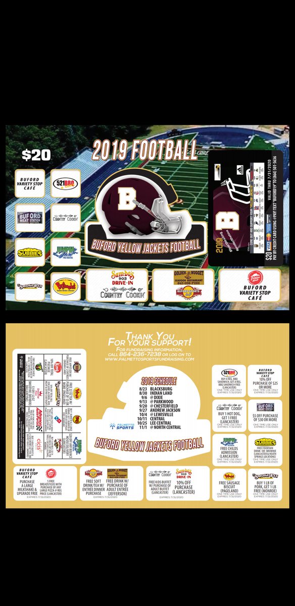 Get your 2019 <a href="/FootballBuford/">Buford Football</a> discount card from your favorite player or Coach Watts! On Sale Now! All proceeds go to support the <a href="/BHSJackets/">Buford High School</a> FB program! Only $20. <a href="/BufordDept/">Buford Athletic Dept</a> <a href="/Bhs19S/">2019 buford student section</a> #R2L