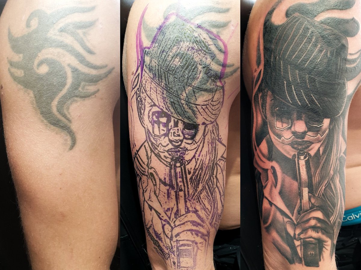 Very tricky cover up I did today. Pleased with the result. Looking forward to seeing it healed. <a href="/TheDailyTattoos/">Tattoos ★ ★ ★</a> <a href="/TattooSociety13/">TattooSociety13</a> #customtattoo #tattooart #tattooartist #realism  #inkmaster #portrait #empireinks #worldfamousink #axysfehu #butterluxe_uk #stencilstuff