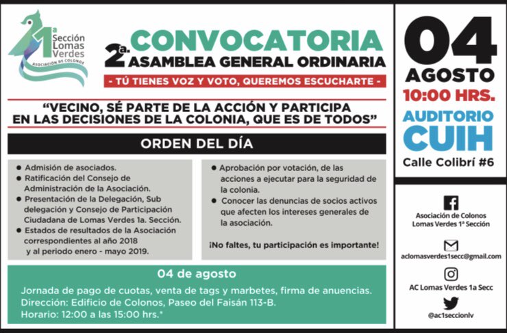 Mañana los esperamos en el <a href="/cuih_mx/">CUIH avanza</a> para la segunda asamblea general ordinaria de la AC. A partir de las 10:00 am #LomasVerdes1aSecc #BienComún