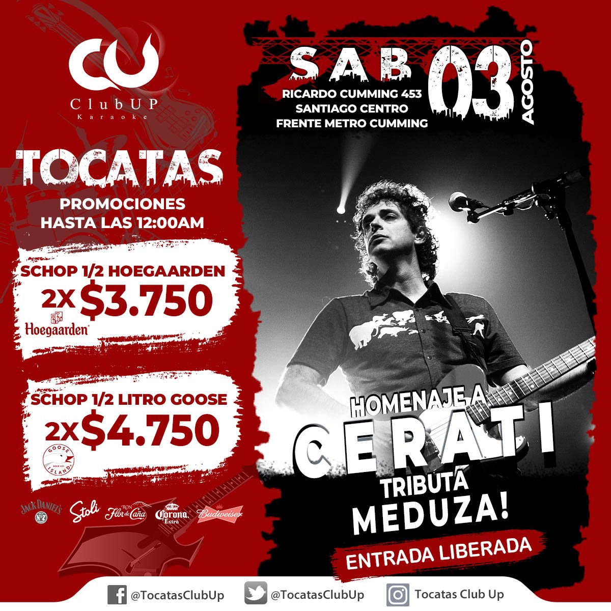 TocatasClubUp's tweet photo. ★ ENTRADA LIBERADA
Sábado 3 DE AGOSTO, 2º PISO:
HOMENAJE A CERATI - MEDUZA https://t.co/SWyAKVuNKf