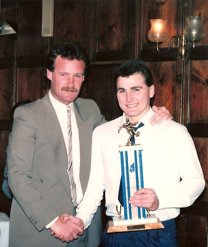 Halifax Town manager Mick Jones presents the 1985/86 player of the year trophy to striker David Longhurst. Photo by Keith Middleton. Please remember to credit him if using the image.