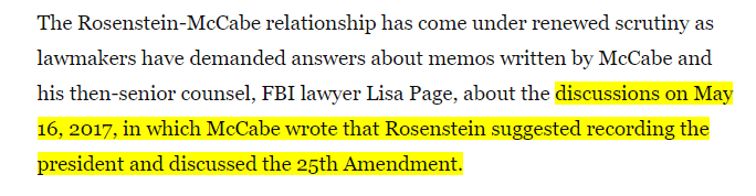 More on those 5/16/17 meetings...That's the date Rosenstein allegedly suggested recording Trump and using the 25th Amendment against Trump.Tashina may be a witness. Get her under oath.