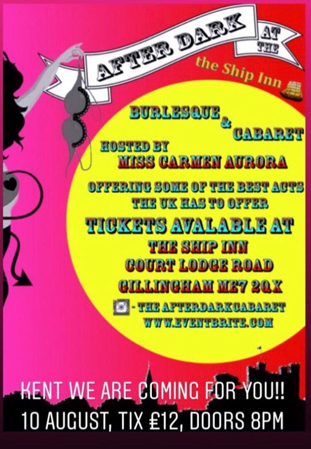 daisydarcelle's tweet photo. Just a week to go til showtime! 10th August, The Ship Inn, Gillingham. Tickets £12, doors at 8pm! @theafterdarkcabaret @misscarmenaurora #showtime #burlesque #cabaret #thingstodoinkent 
https://t.co/5Aqj9em3GI https://t.co/04wg2YGzFR