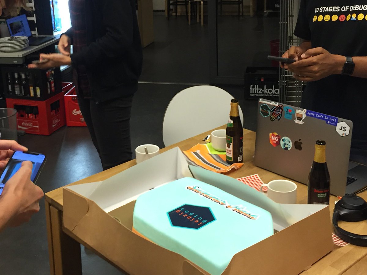 coding_leipzig's tweet photo. There are lots of reasons why staying late at a #hackathon can pay off for you. We got a sweet addition for our #summerhackLE attendees, blue as a smurf, massive #sacher inside and whipped cream on top! #hack on good people! @jambit #opentechschool @platformsh @turbinekreuzbrg 🍰 https://t.co/dgGXulmXDI