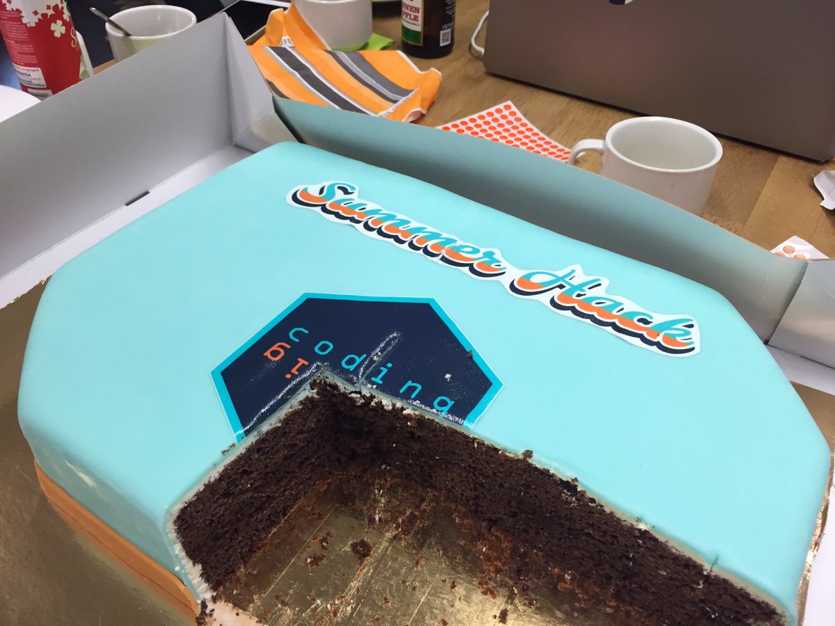 coding_leipzig's tweet photo. There are lots of reasons why staying late at a #hackathon can pay off for you. We got a sweet addition for our #summerhackLE attendees, blue as a smurf, massive #sacher inside and whipped cream on top! #hack on good people! @jambit #opentechschool @platformsh @turbinekreuzbrg 🍰 https://t.co/dgGXulmXDI