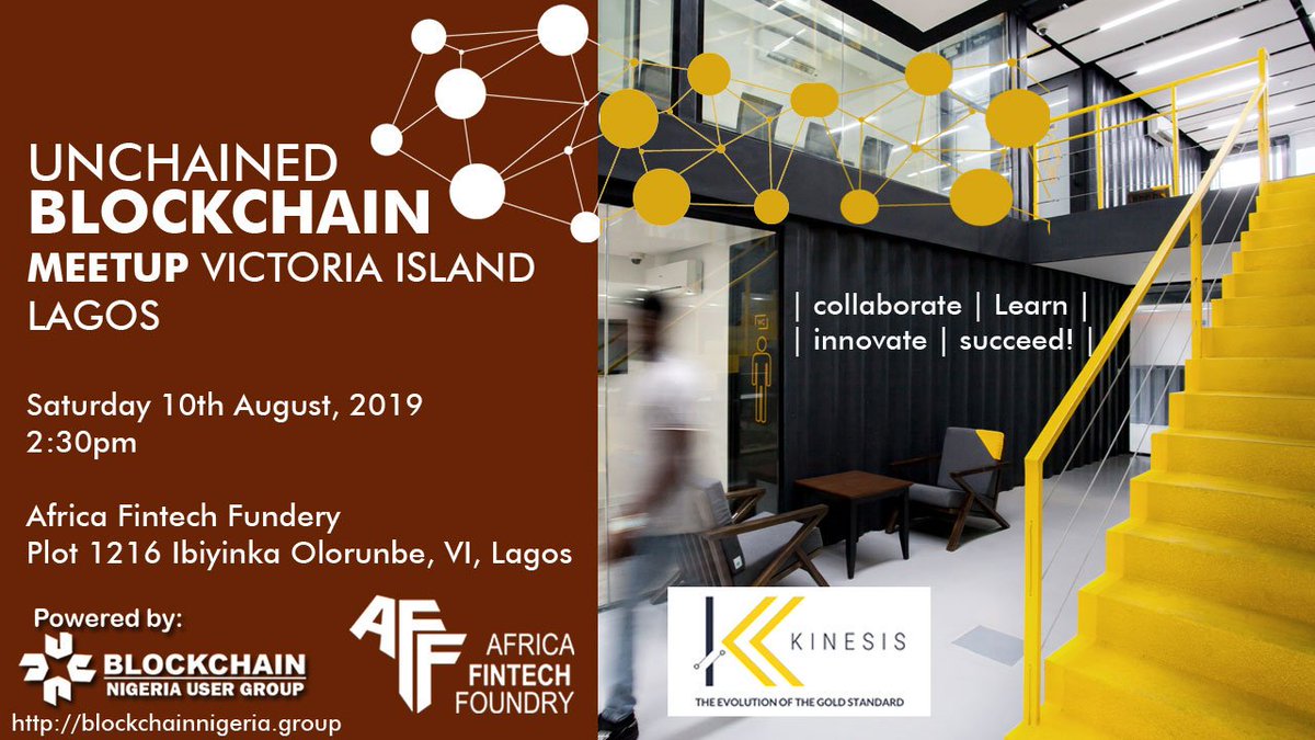 Our Next Unchained Blockchain Meetup holds at Africa Fintech Foundry (AFF) VI Lagos this coming Saturday, 10th August 2019. 
If you stay anywhere at the Island, come let's meet and greet and have some BlockchainCryptoFun!
Register with this form: docs.google.com/forms/d/e/1FAI…