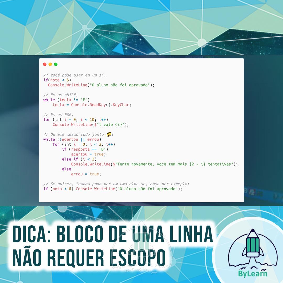 ByLearncursos's tweet photo. Fala ByLearner, beleza?
Que tal uma dica para deixar seus códigos menores e até mais bonitos?
Você não precisa abrir e fechar blocos ({ }) quando só uma linha precisa ser executada, como em IF's, FOR's e WHILE's.
#bylearn #drops #programacao #programação #tecnologia https://t.co/tyeXGbuM0e