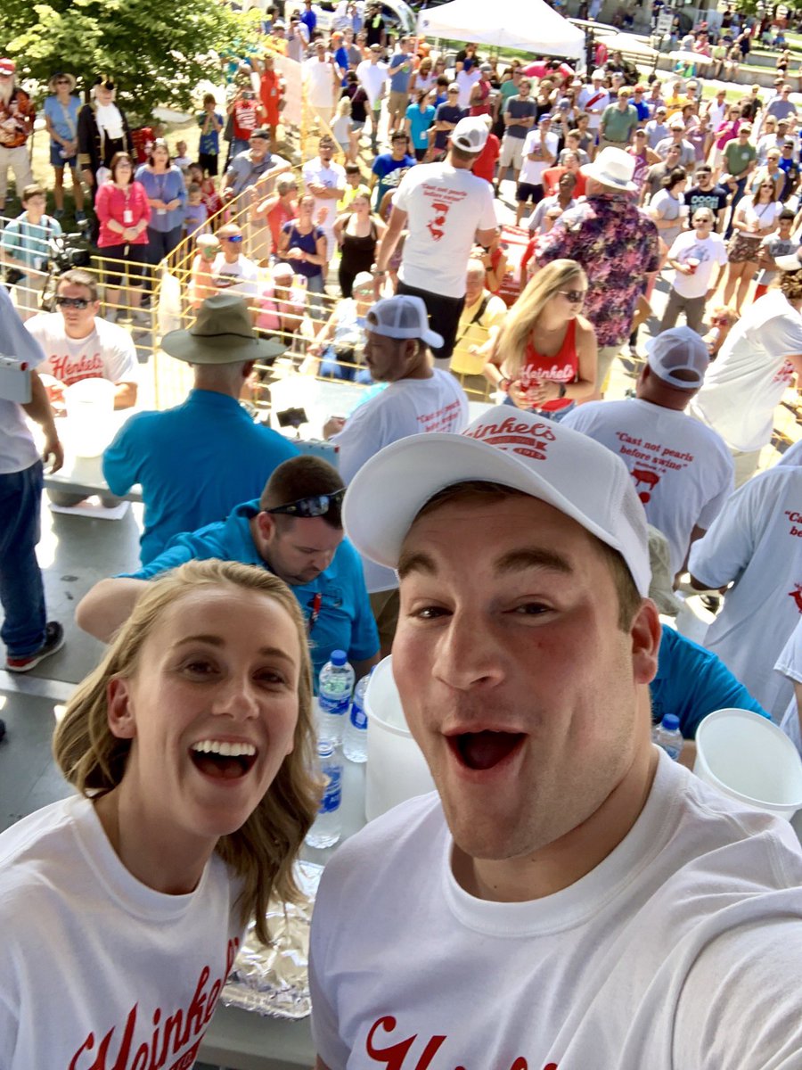 MarkPearsonTV's tweet photo. Had an absolute blast taking part in the Heinkel’s Hot Dog Eating Contest at the Decatur Celebration! Shoutout to my co-worker @CarynEisert, she killed it! https://t.co/q6trvcchZb