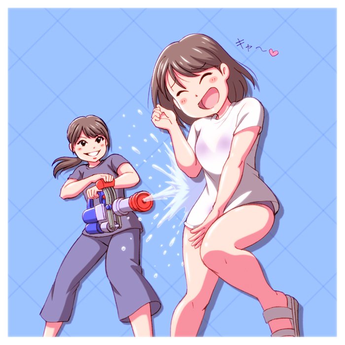 「水鉄砲で遊ぶ、かなともとかりんちゃん。理想と現実 」|明日桧のイラスト