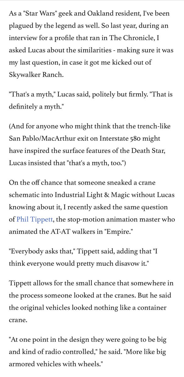 3.  #StarWars creator George Lucas and AT-AT stop-motion animator Phil Tippett both refuted the claim that the walkers were inspired by Oakland cranes in a 2007  @SFGate interview. “That’s a myth,” Lucas said.MYTH BUSTED